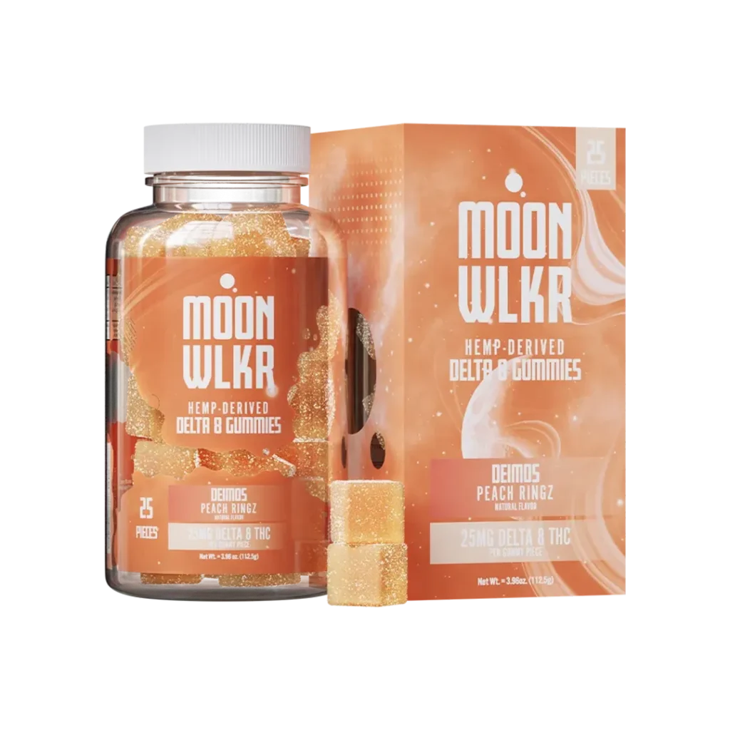 Bottle of Moonwlkr Delta 8 Gummies Flavor Peach Ringz