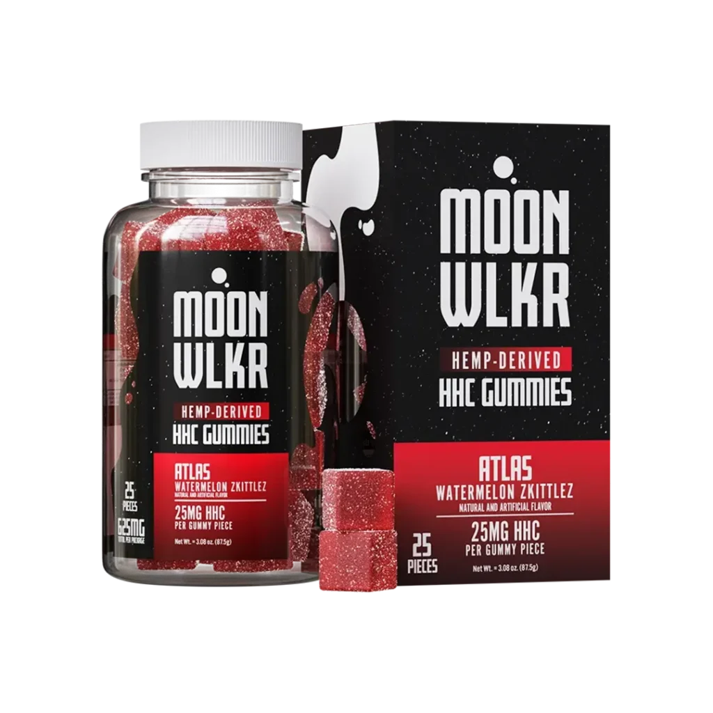 bottle and packaging of Moonwlkr HHC gummies in flavor watermelon Zkittles