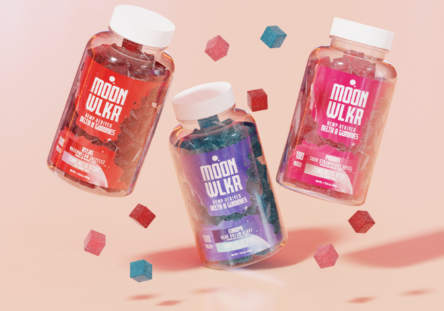 Bottles of Delta 8 gummies with gummies floating around