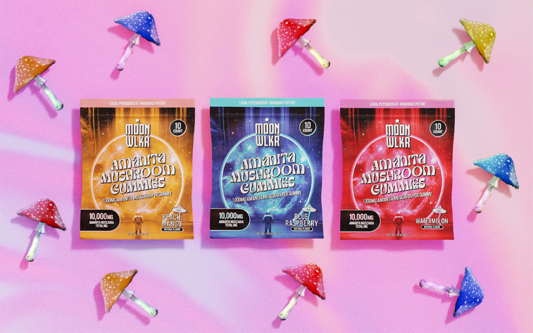 Moonwlkr Amanita mushroom gummy packs in flavors peach mango, blue raspberry, and watermelon surrounded by mushrooms