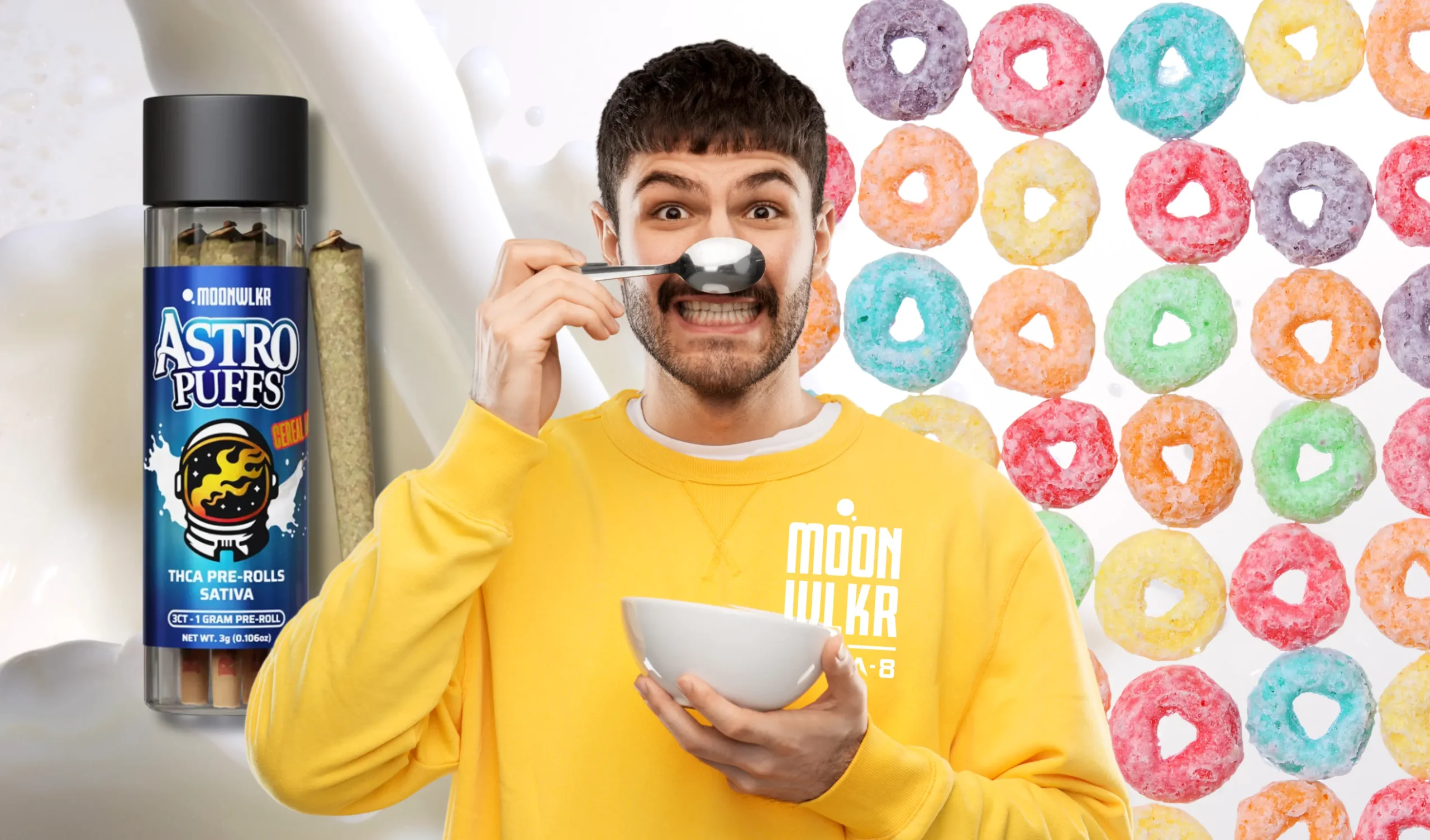 Cereal Milk THCA pre-rolls and a man holding a bowl of cereal