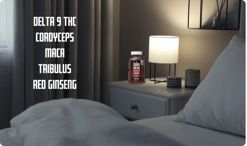 Moonwlkr Libido Gummies on Nightstand with list of ingredients