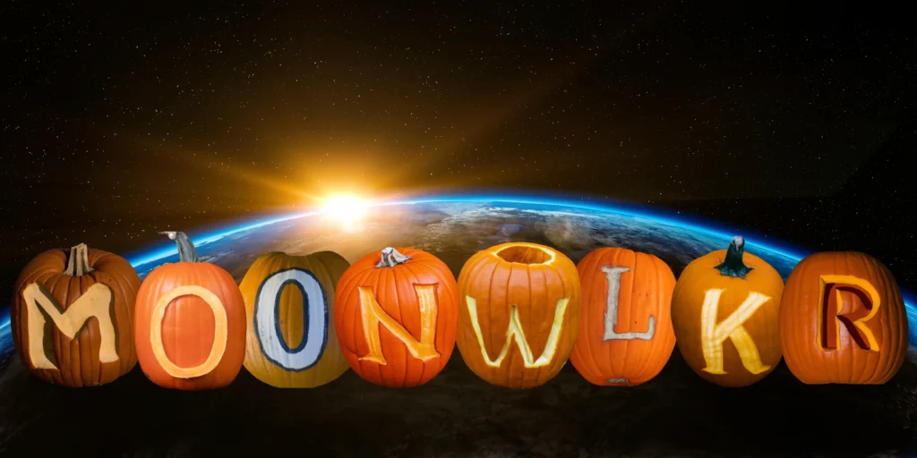 Pumpkins with the letters MOONWLKR carved into them